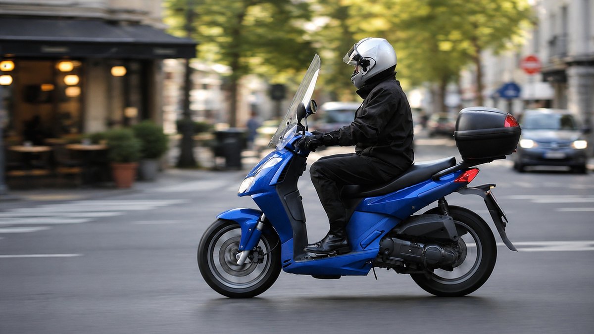 Conducteur casqué sur un scooter bleu en ville pour illustrer les démarches d'assurance d'un scooter 50cc